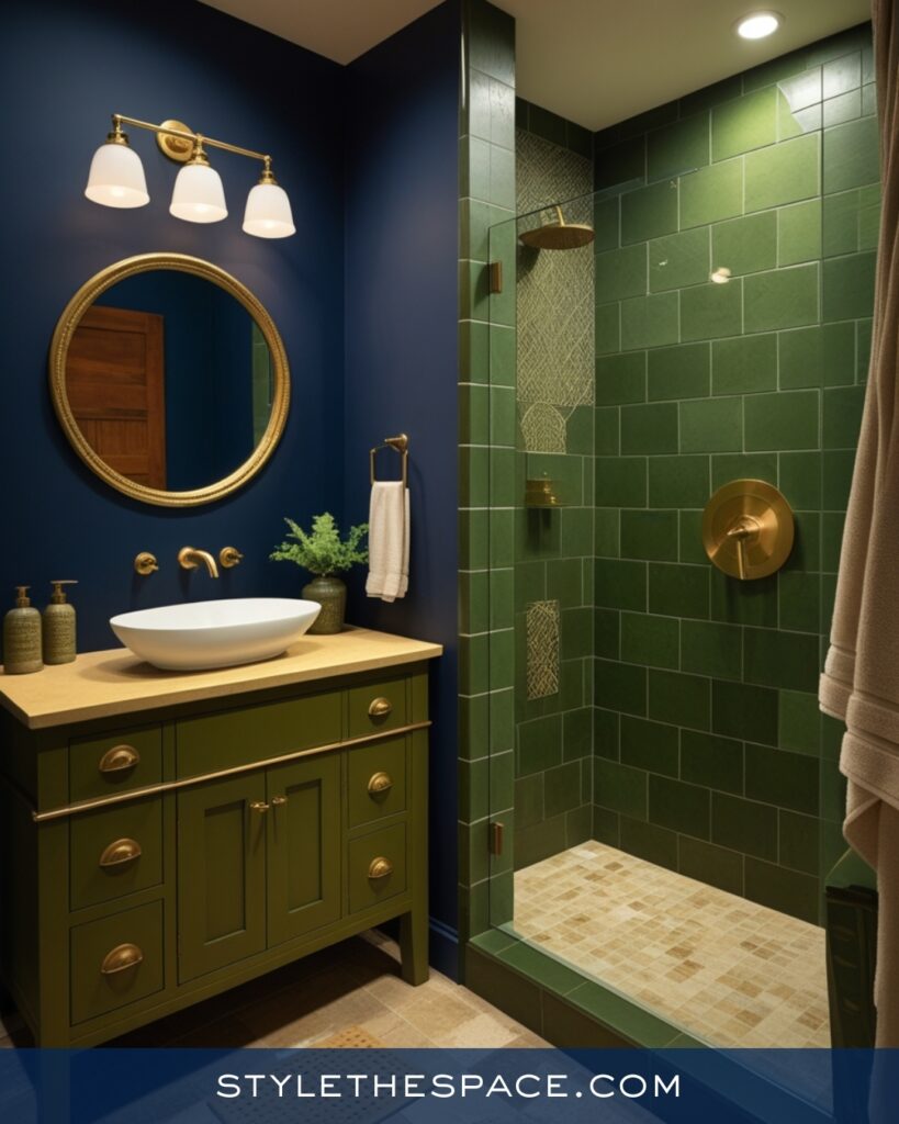 Navy Blue Bathroom With Olive Green Tile