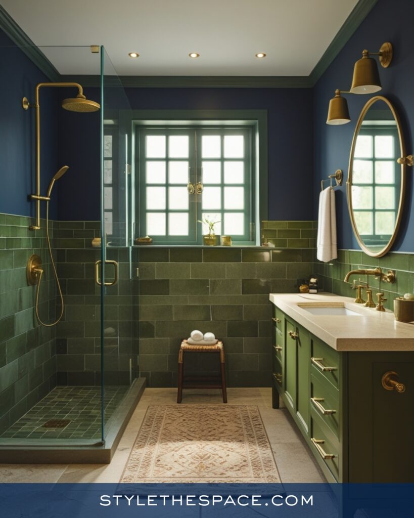 Navy Blue Bathroom With Olive Green Tile