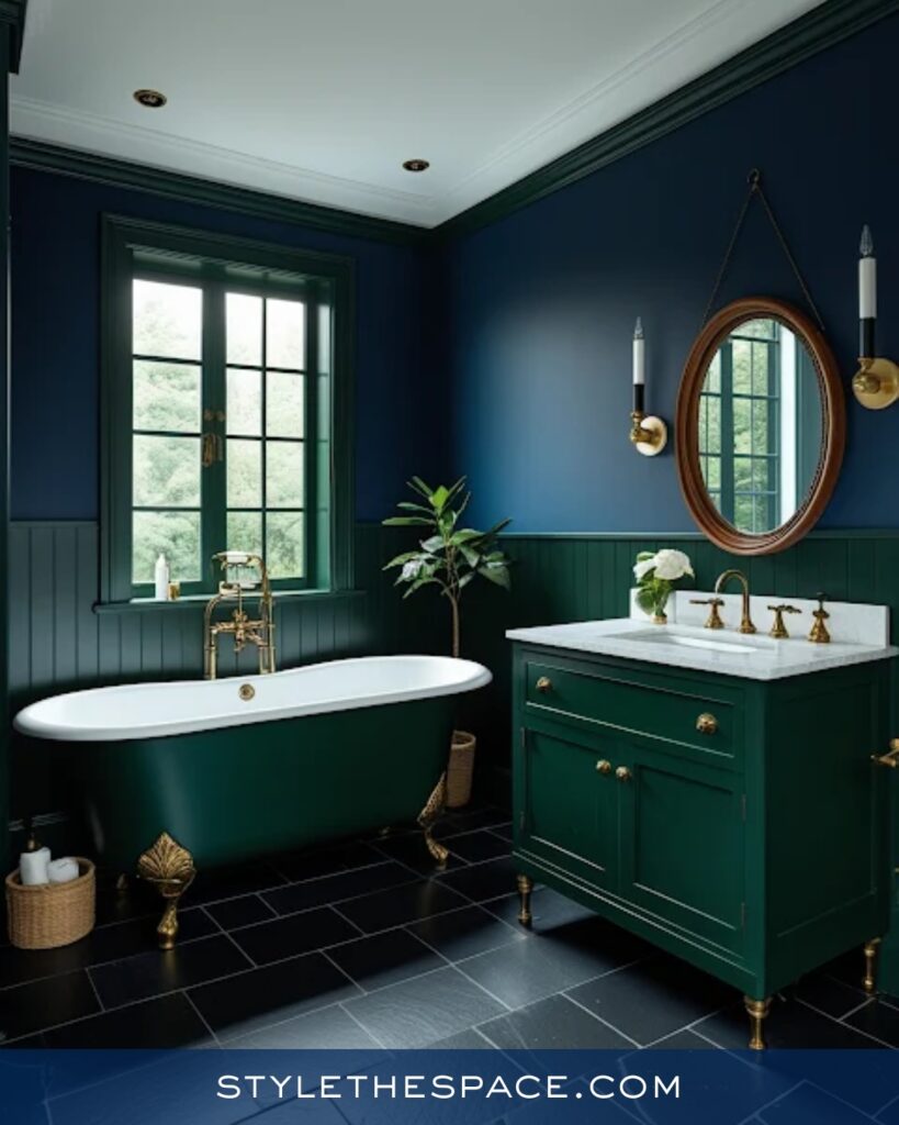 Navy Blue Bathroom With Forest Green Accents