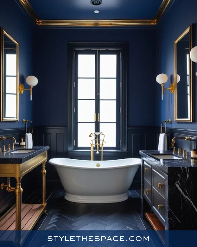 Elegant Navy Blue Bathroom With Classic Brass Accents