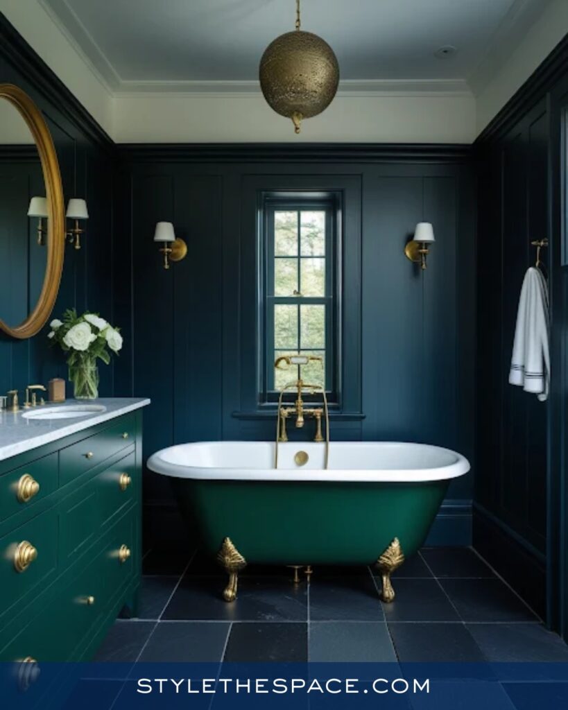 Navy Blue Bathroom With Forest Green Accents
