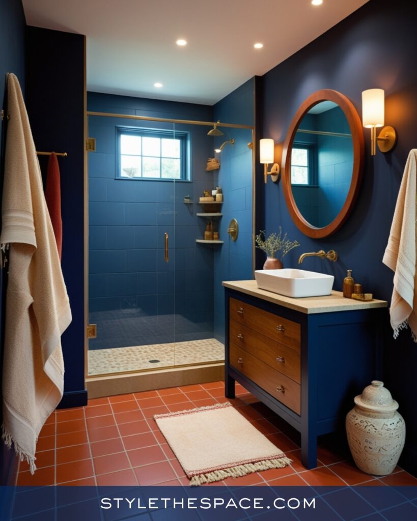 Navy Blue Bathroom With Warm Wood and Terracotta Floors
