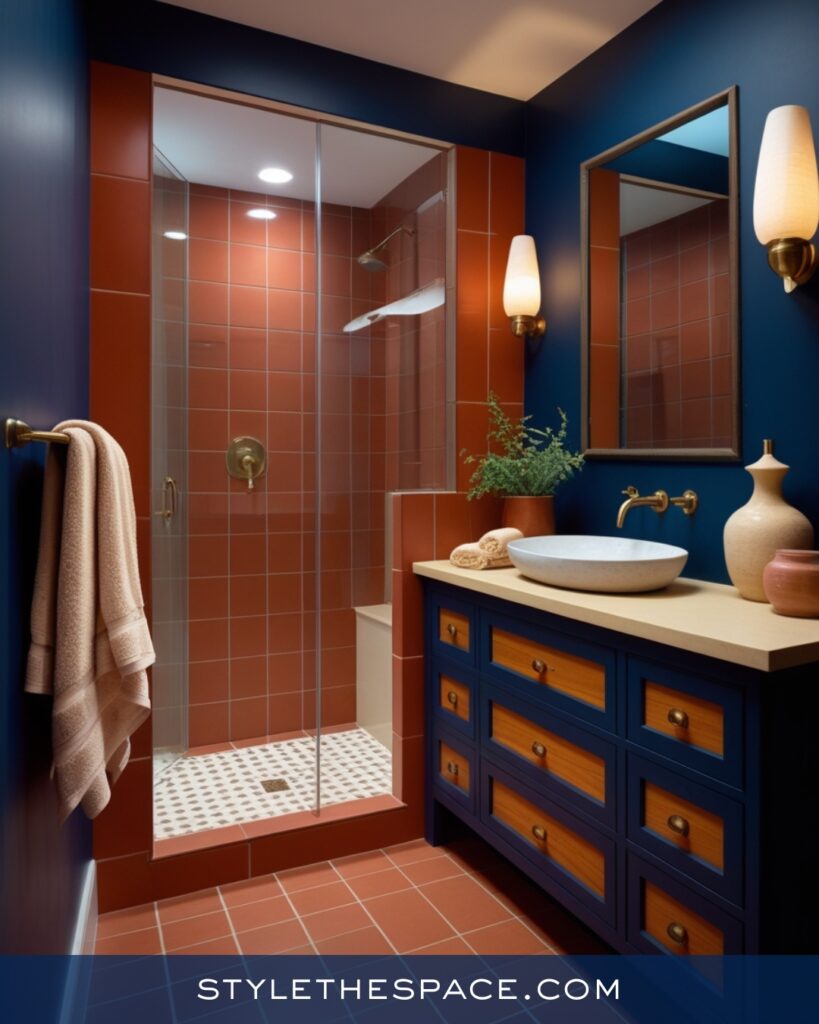 Navy Blue Bathroom With Warm Wood and Terracotta Floors
