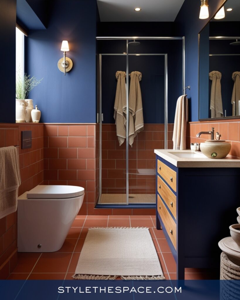Navy Blue Bathroom With Warm Wood and Terracotta Floors