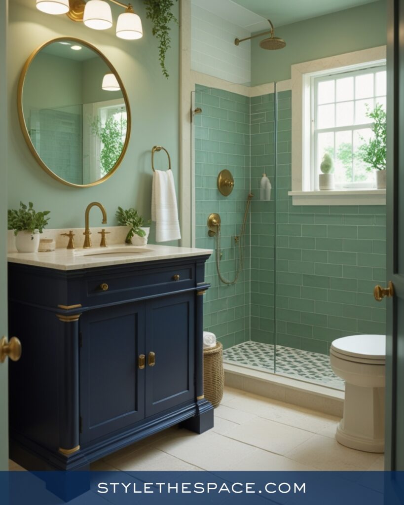 Navy Blue Bathroom With Soft Green Tile Accents