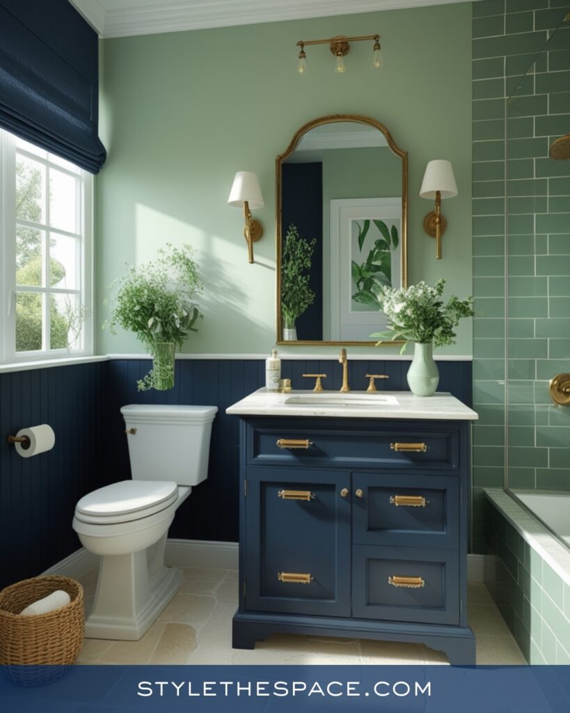 Navy Blue Bathroom With Soft Green Tile Accents