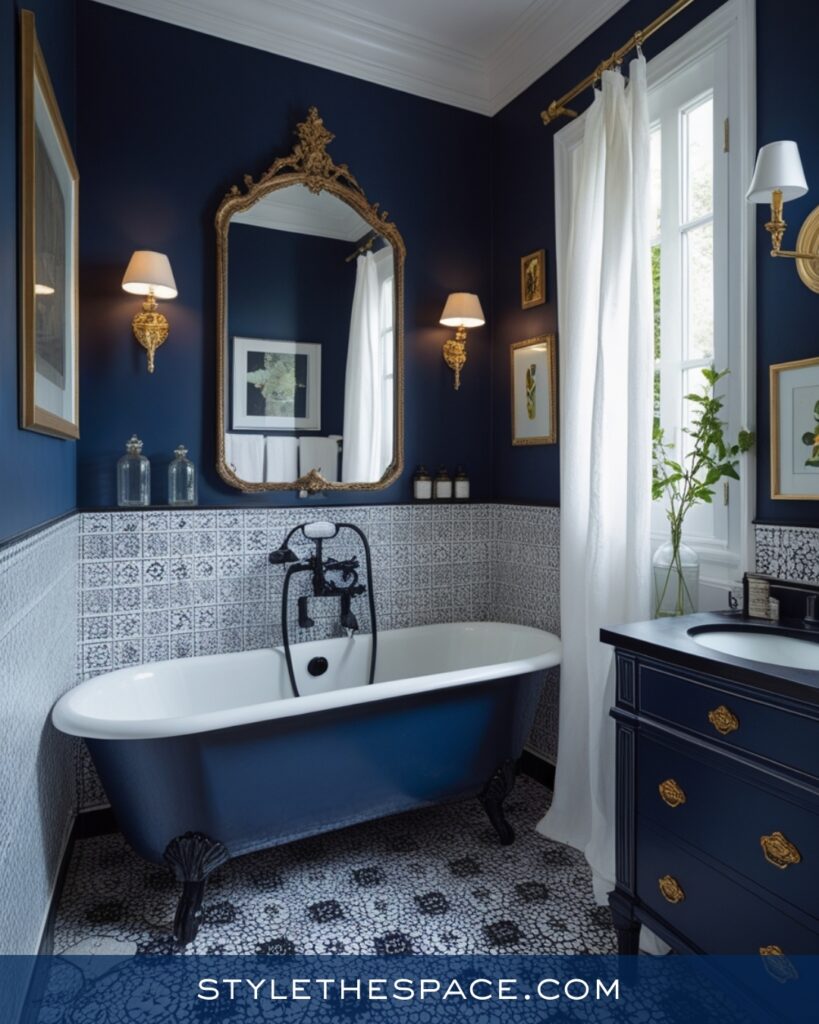 Navy Blue Bathroom With Vintage Black and White Tile