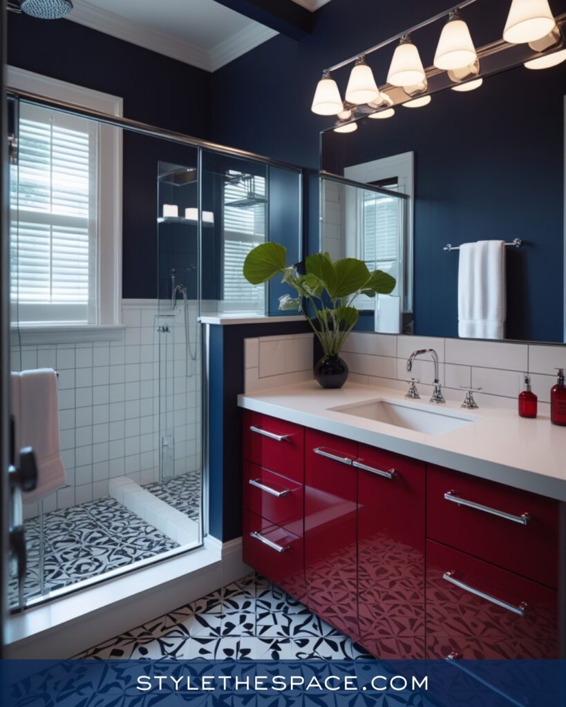 Navy Blue Bathroom With Red Vanity Accent