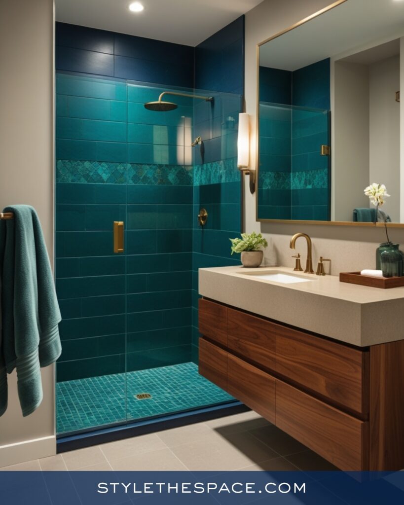 Navy Blue Bathroom With Teal Tile and Wood Vanity