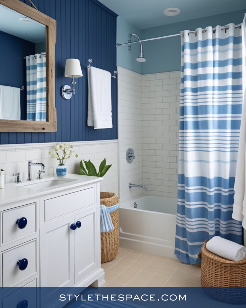 Navy Blue Bathroom With Coastal White Accents