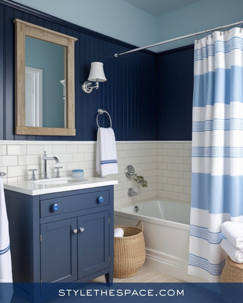 Navy Blue Bathroom With Coastal White Accents