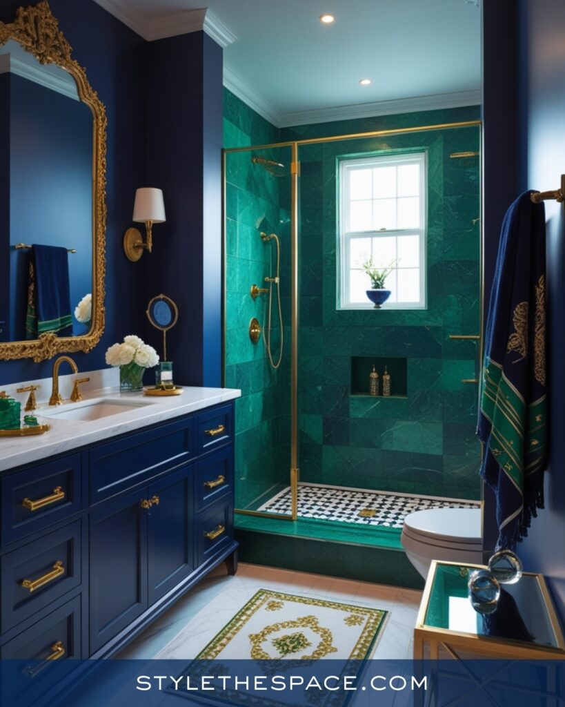 Navy Blue Bathroom With Jewel-Tone Tile and Gold Details