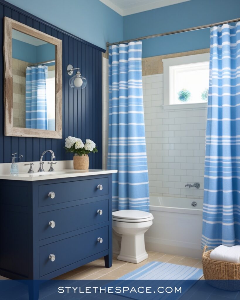 Navy Blue Bathroom With Coastal White Accents