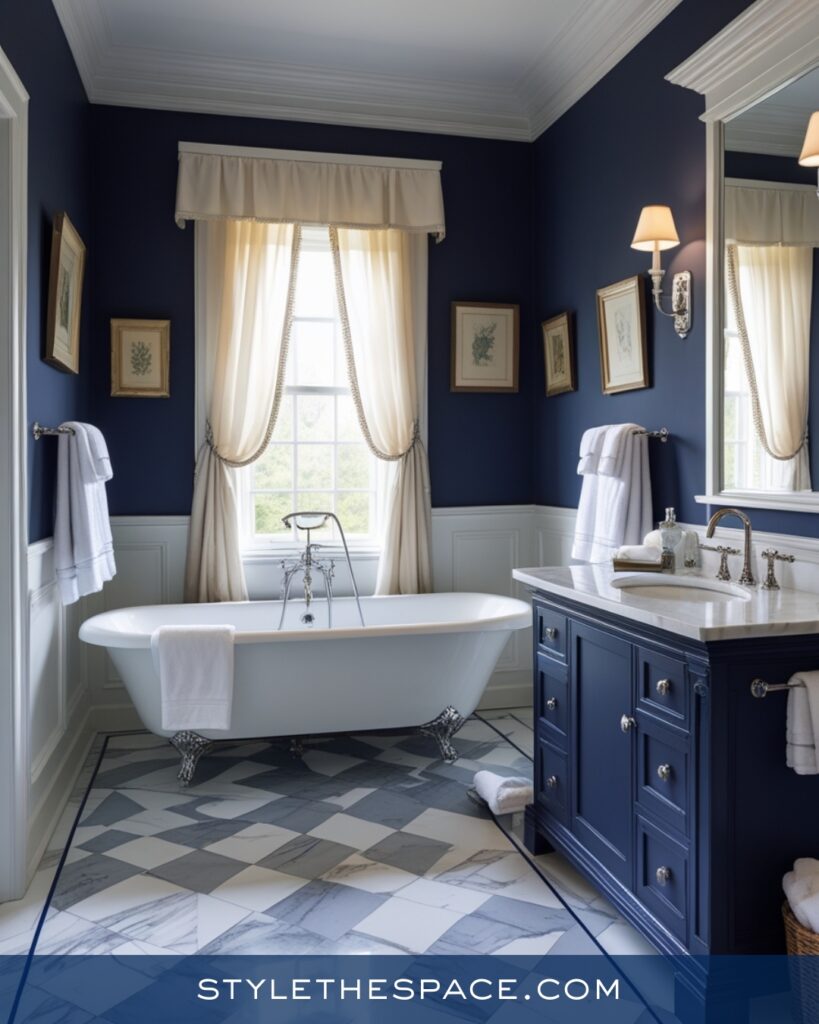 Classic Navy Blue Bathroom With White Traditional Details