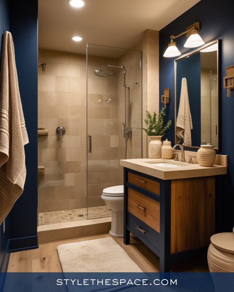 Navy Blue Bathroom With Beige Stone and Wood