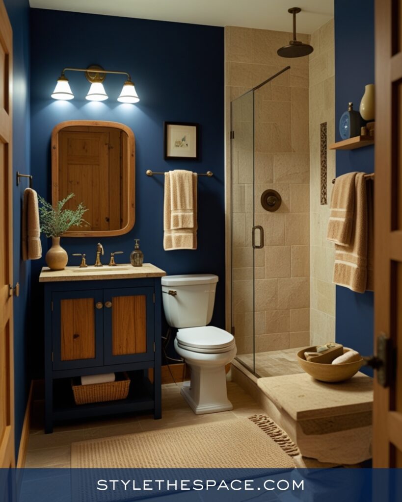 Navy Blue Bathroom With Beige Stone and Wood