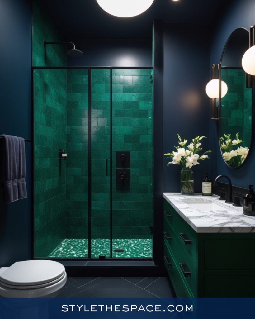 Navy Blue Bathroom With Emerald Green Shower Tile