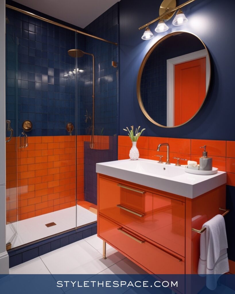 Navy Blue Bathroom With Orange Tile and Vanity