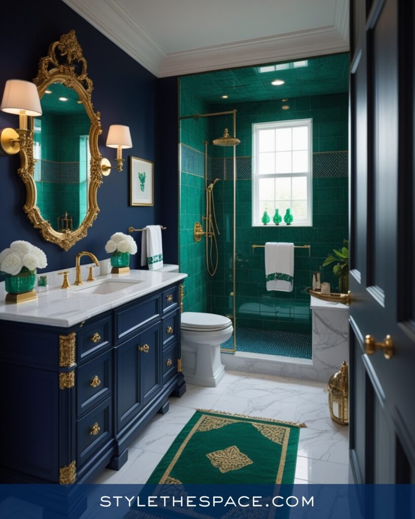 Navy Blue Bathroom With Jewel-Tone Tile and Gold Details