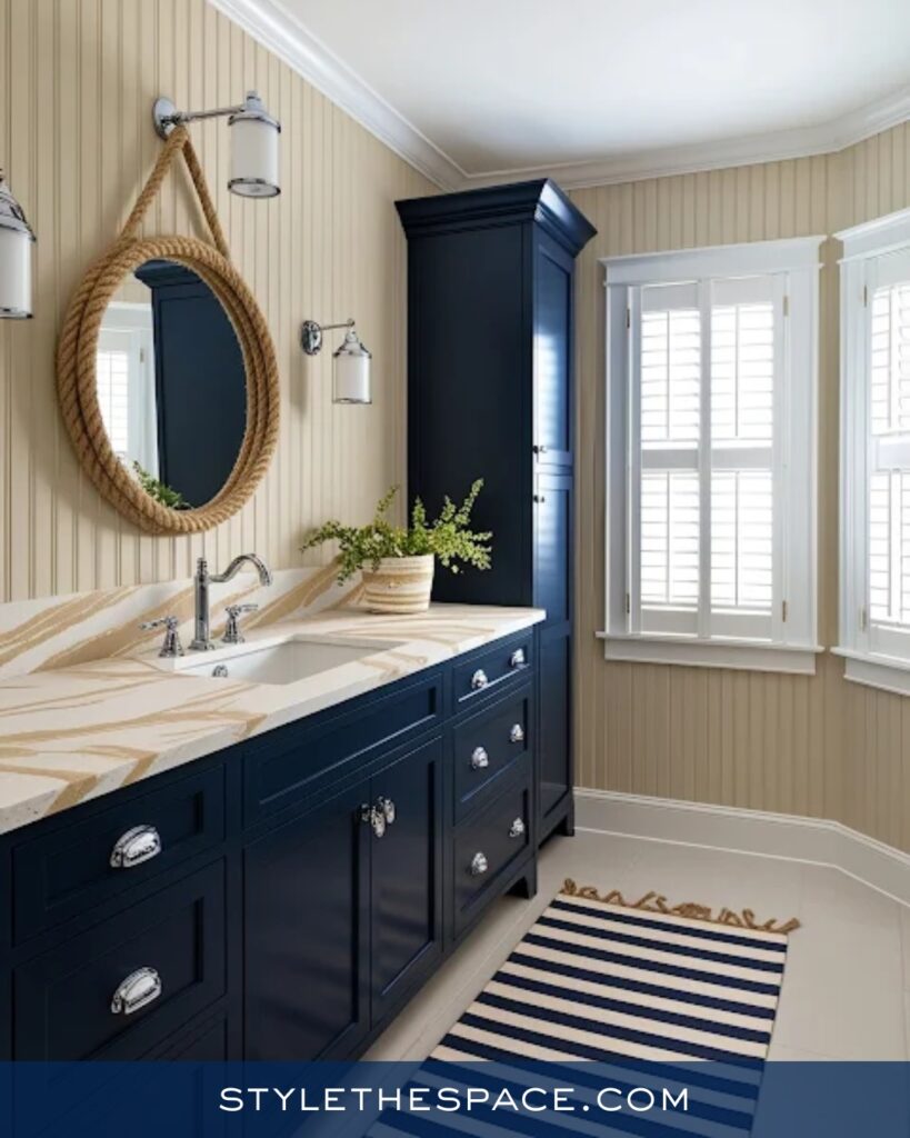 Navy Blue Bathroom With Beige Paneling and Coastal Details