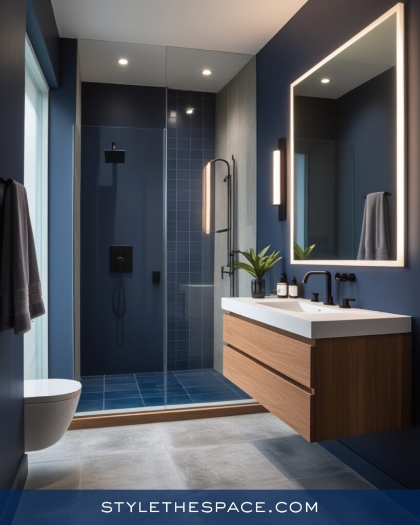 Modern Navy Blue Bathroom With Wood Vanity