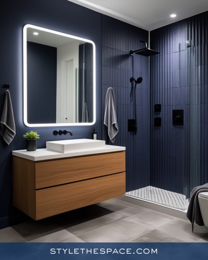 Modern Navy Blue Bathroom With Wood Vanity
