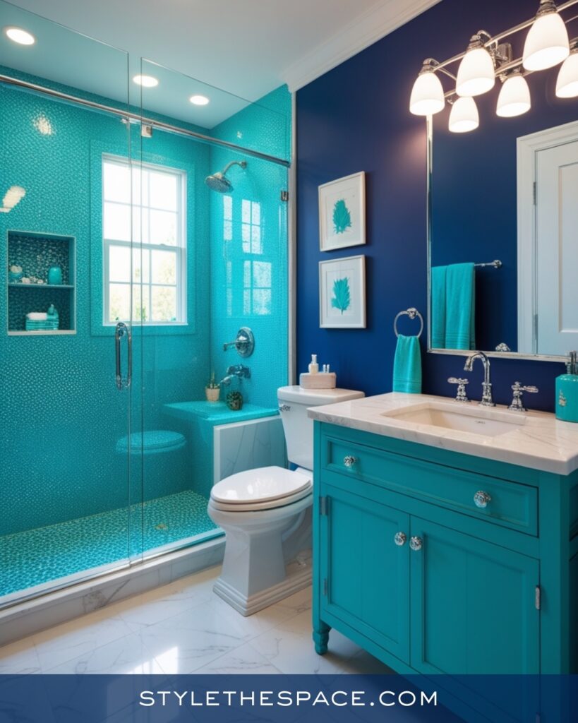 Navy Blue Bathroom With Turquoise Tile Contrast