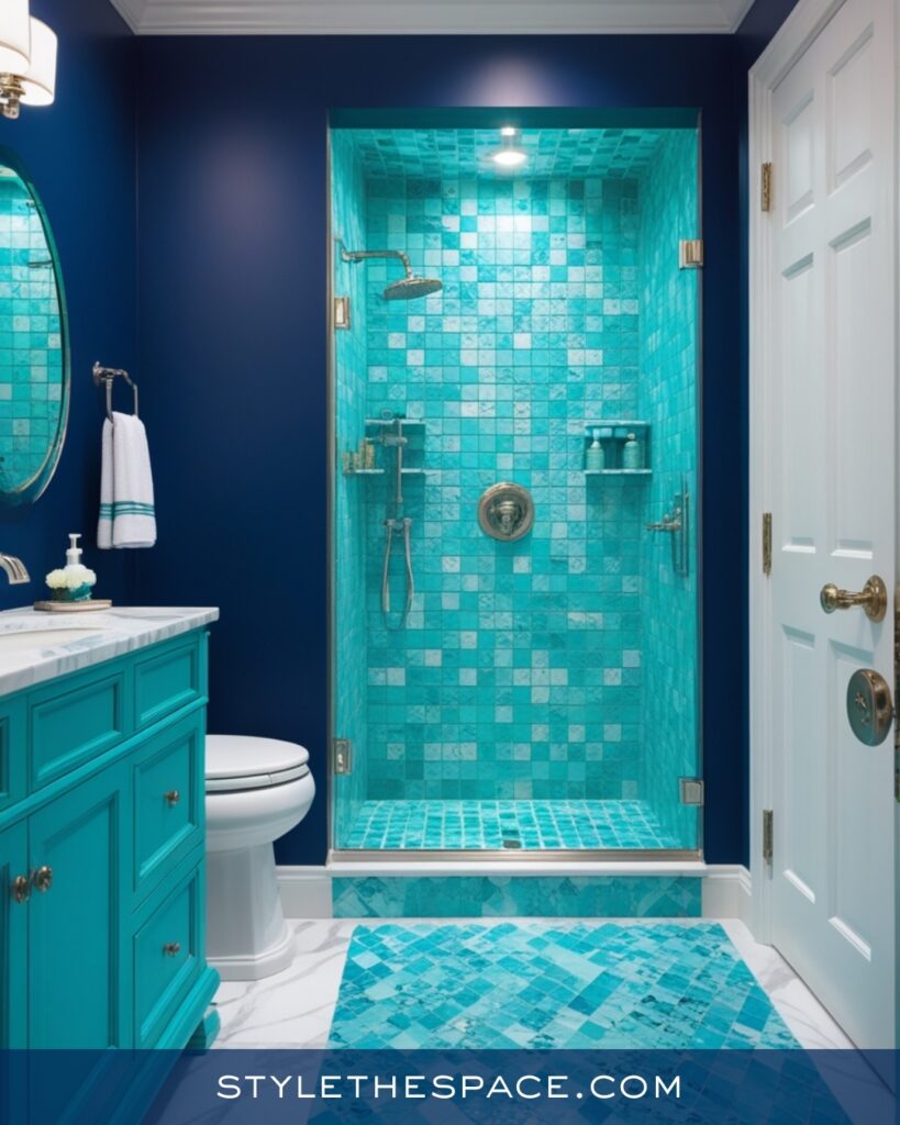 Navy Blue Bathroom With Turquoise Tile Contrast