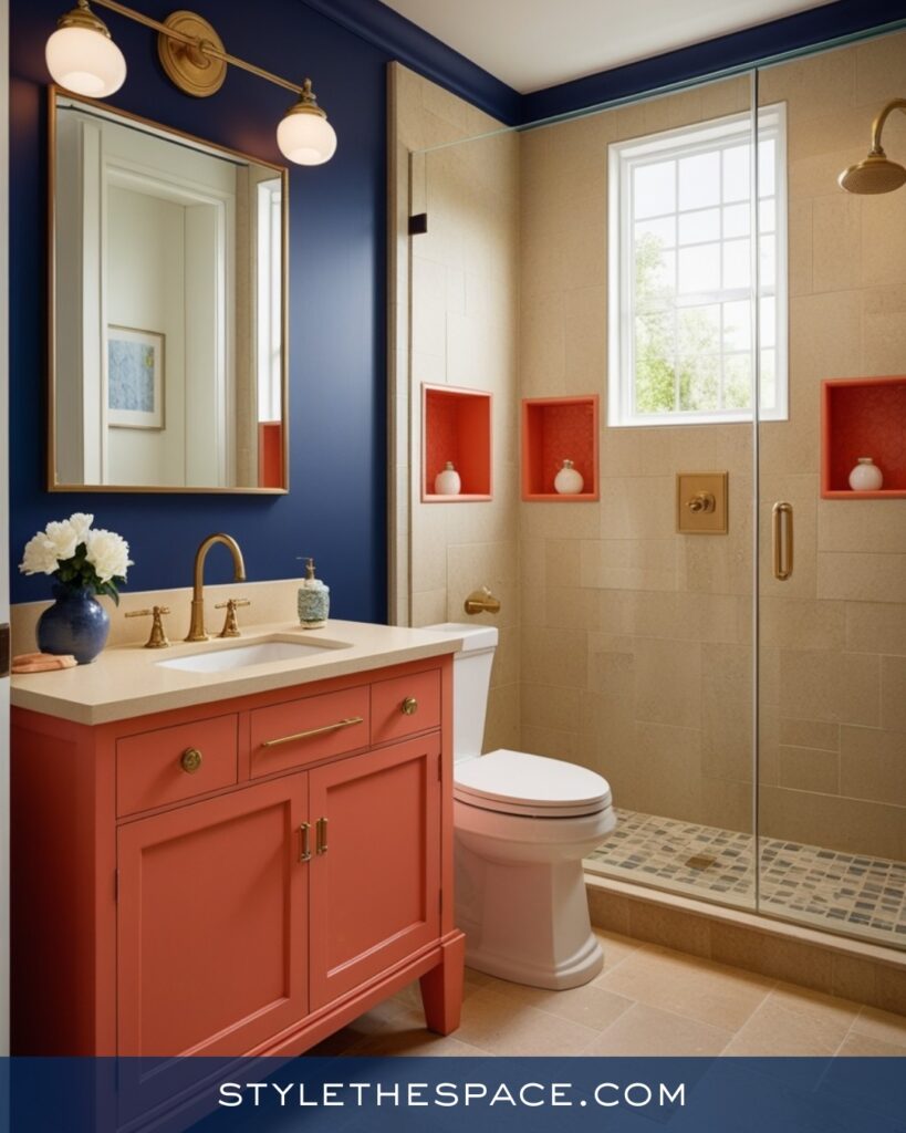 Navy Blue Bathroom With Coral Vanity and Warm Neutrals