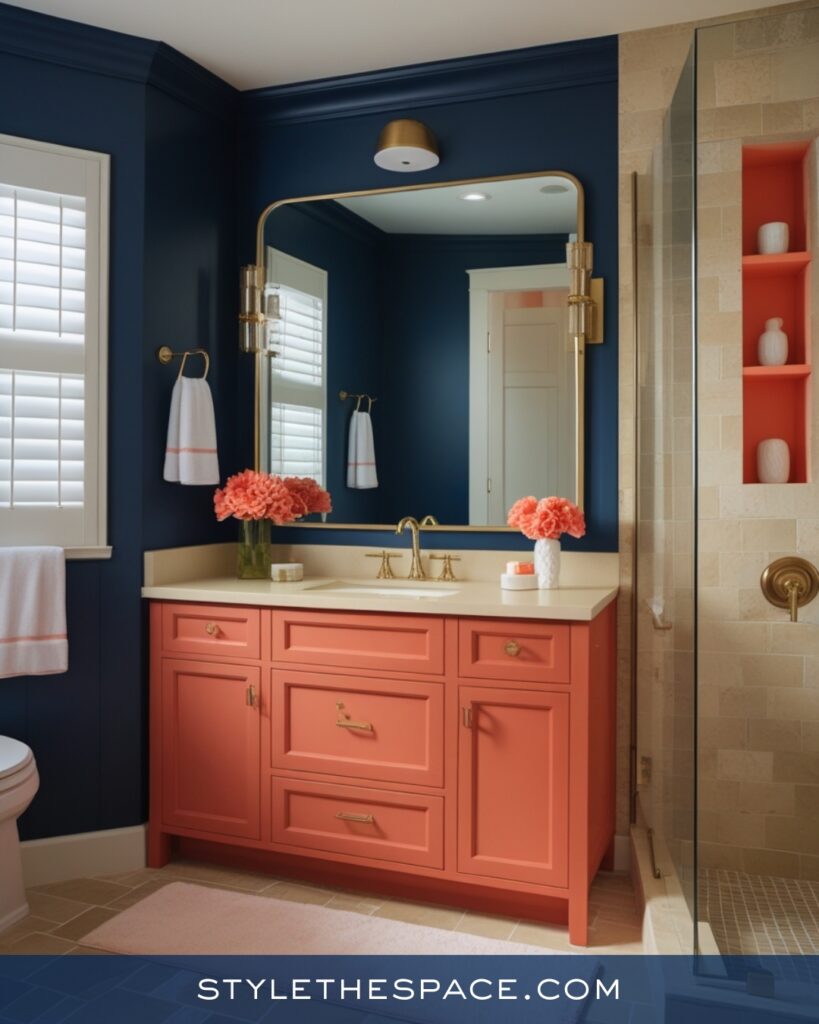 Navy Blue Bathroom With Coral Vanity and Warm Neutrals