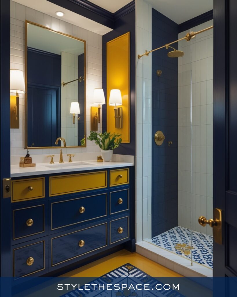 Navy Blue Bathroom With Mustard Yellow Contrast