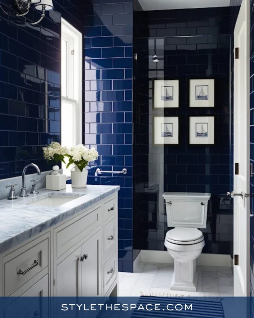 Navy Blue Tile Bathroom With Clean White Contrast