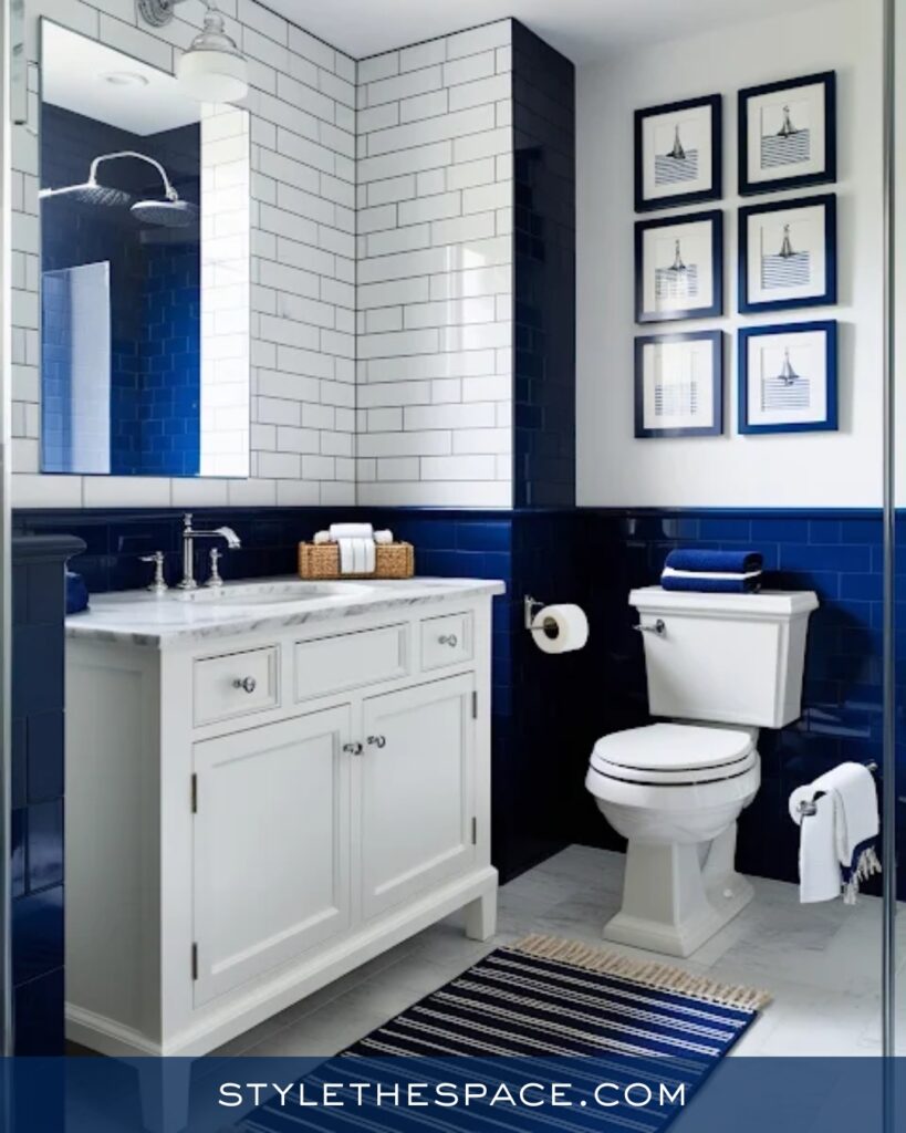 Navy Blue Tile Bathroom With Clean White Contrast