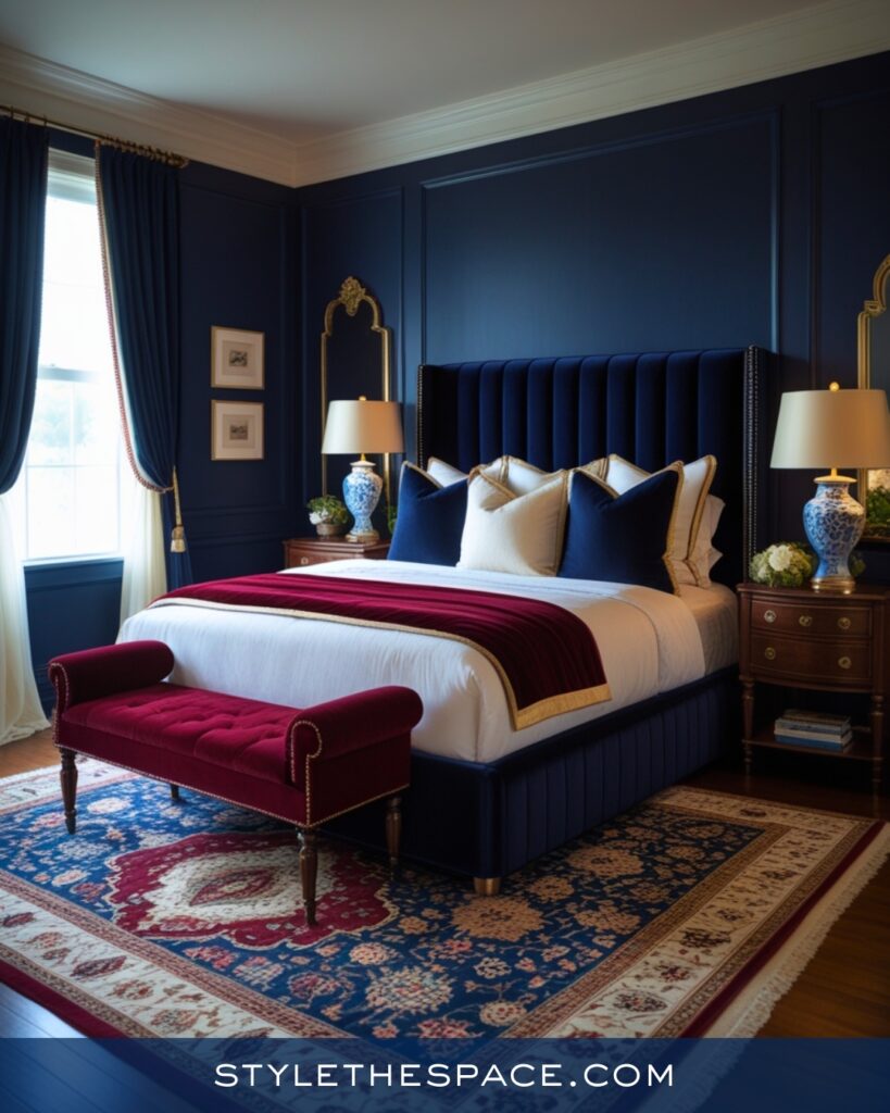 Navy Blue Bedroom with Burgundy and Gold Details