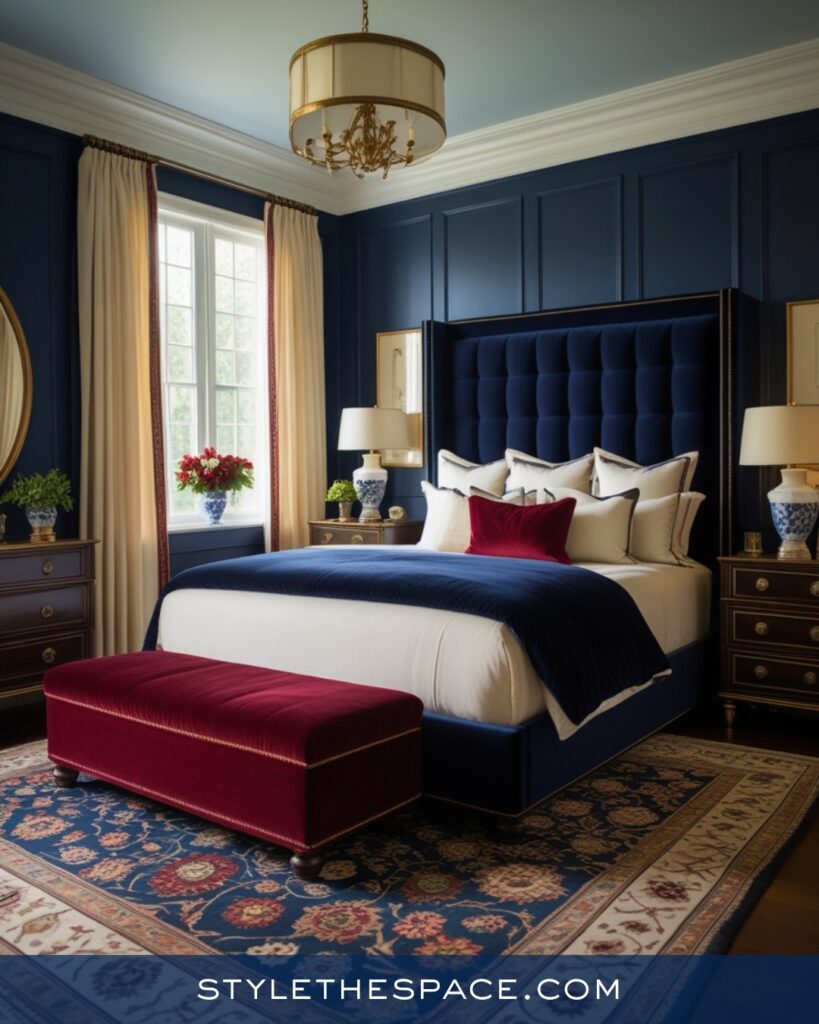 Navy Blue Bedroom with Burgundy and Gold Details