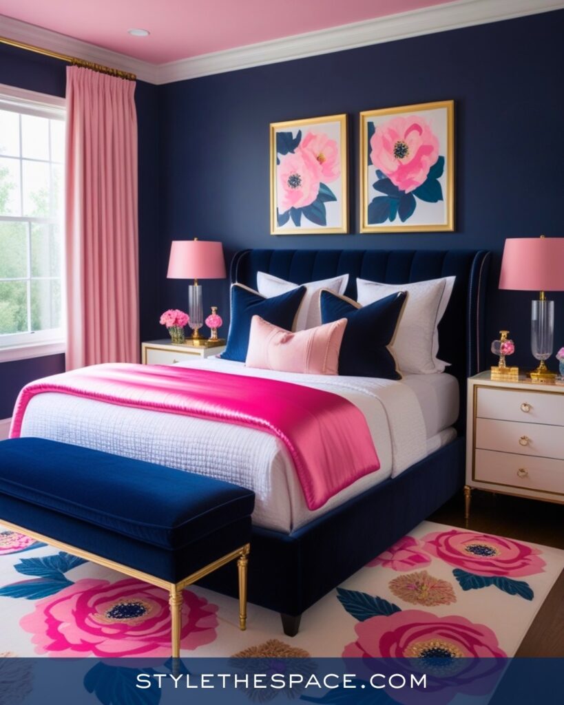 Navy Blue Bedroom with Blush Pink Accents