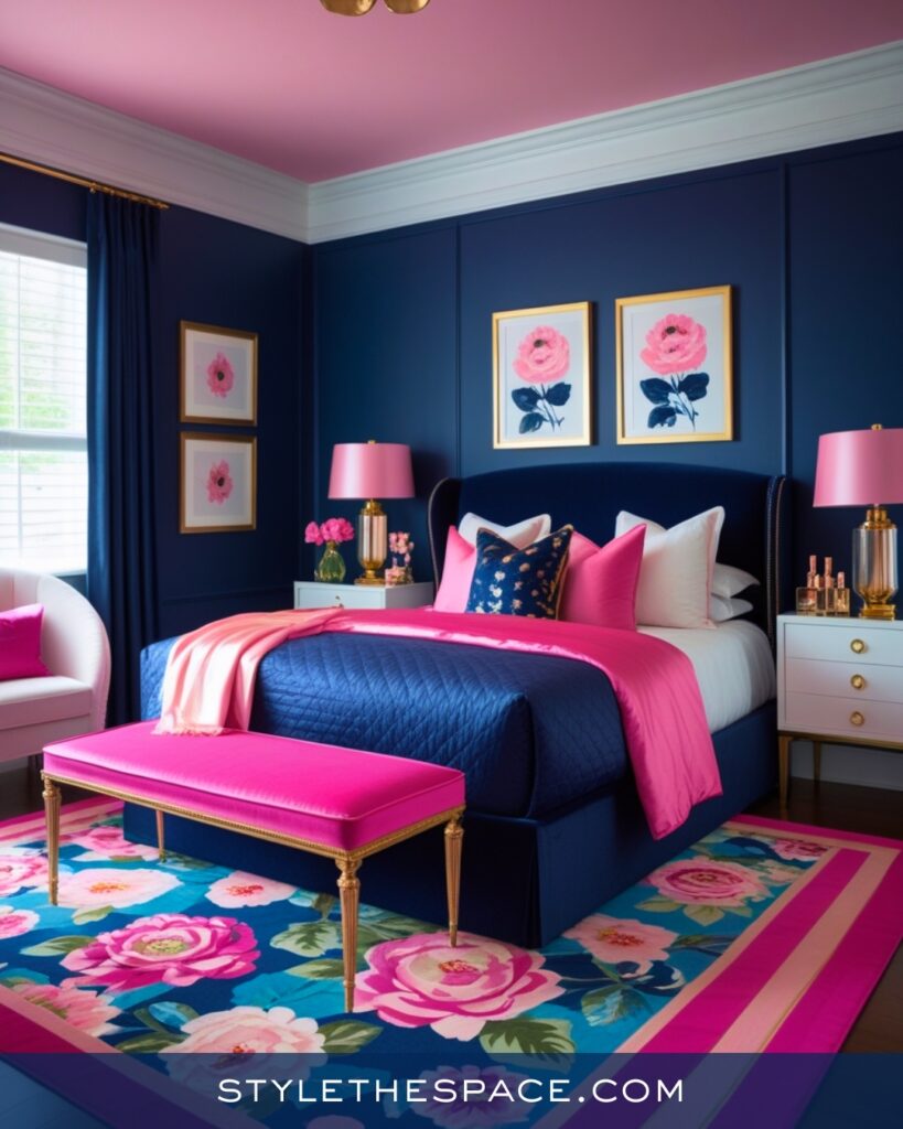 Navy Blue Bedroom with Blush Pink Accents