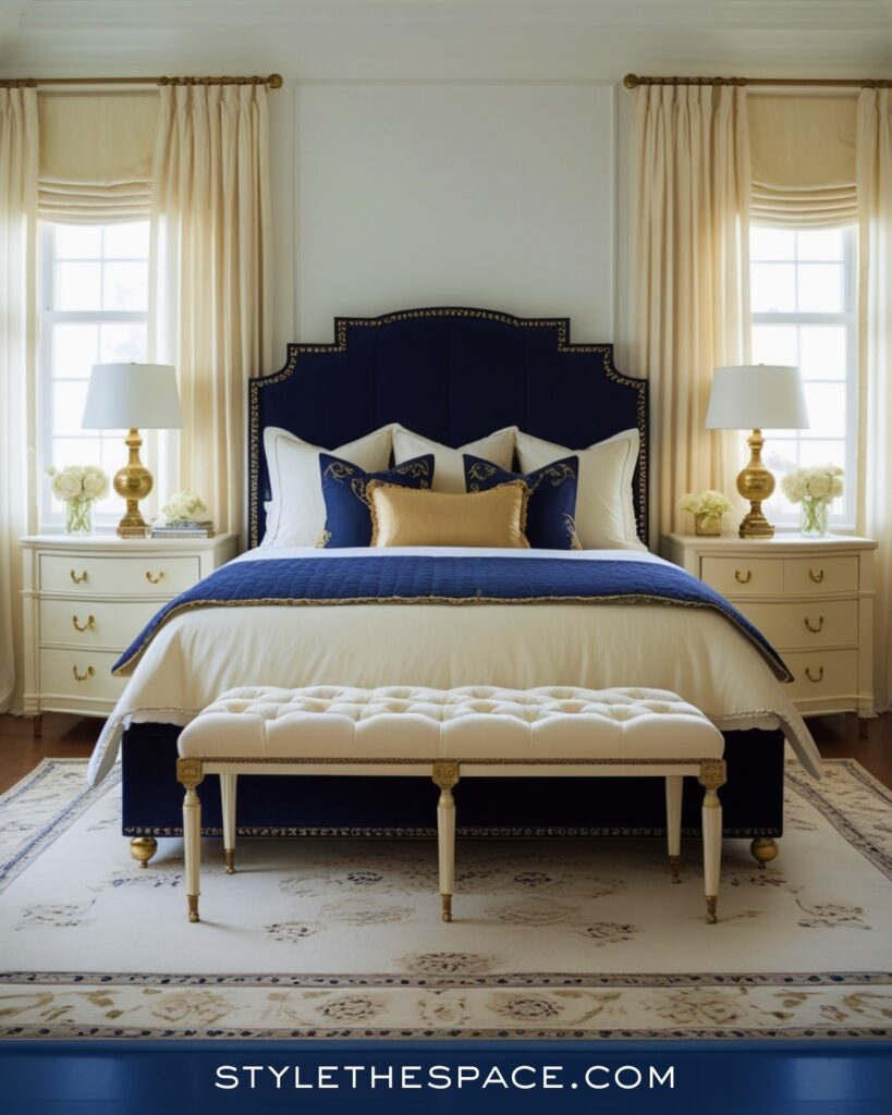 Classic Navy Blue Bedroom with Cream and Gold Accents