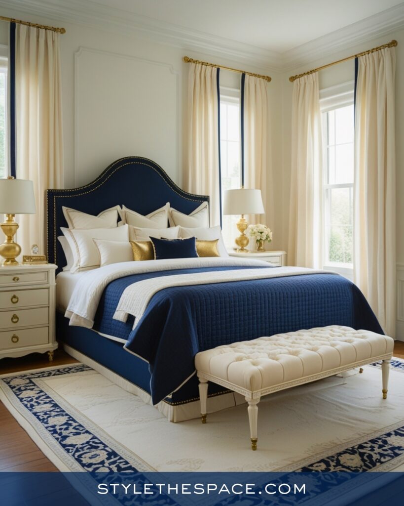 Classic Navy Blue Bedroom with Cream and Gold Accents