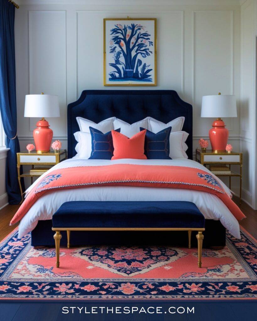 Navy Blue Bedroom with Coral and Gold Accents