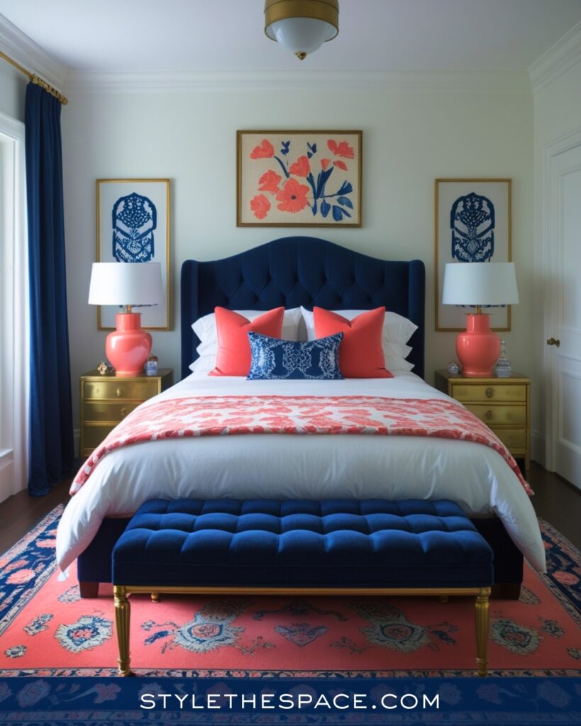 Navy Blue Bedroom with Coral and Gold Accents