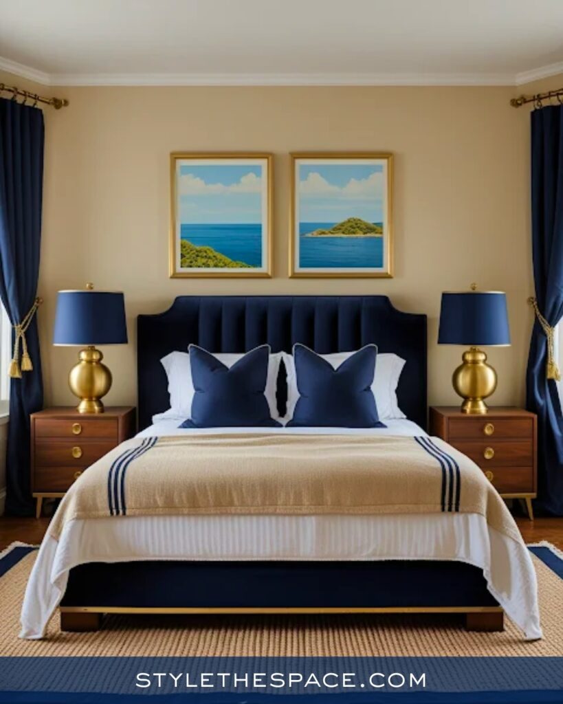 Coastal Navy Blue Bedroom with Warm Neutrals