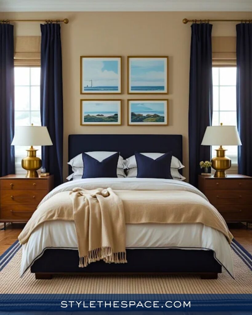 Coastal Navy Blue Bedroom with Warm Neutrals