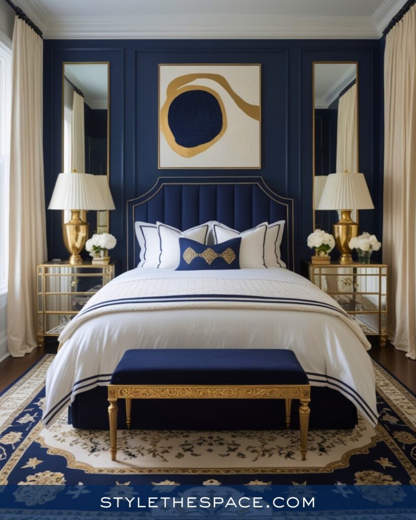 Classic Navy Blue Bedroom with Gold Accents