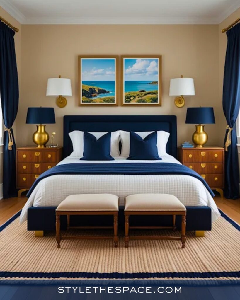Coastal Navy Blue Bedroom with Warm Neutrals