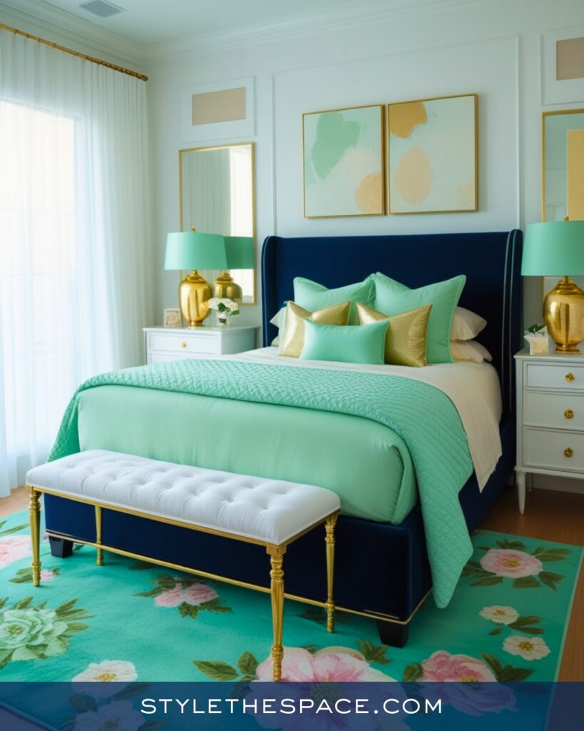 Navy Blue Bedroom with Mint and Teal Accents