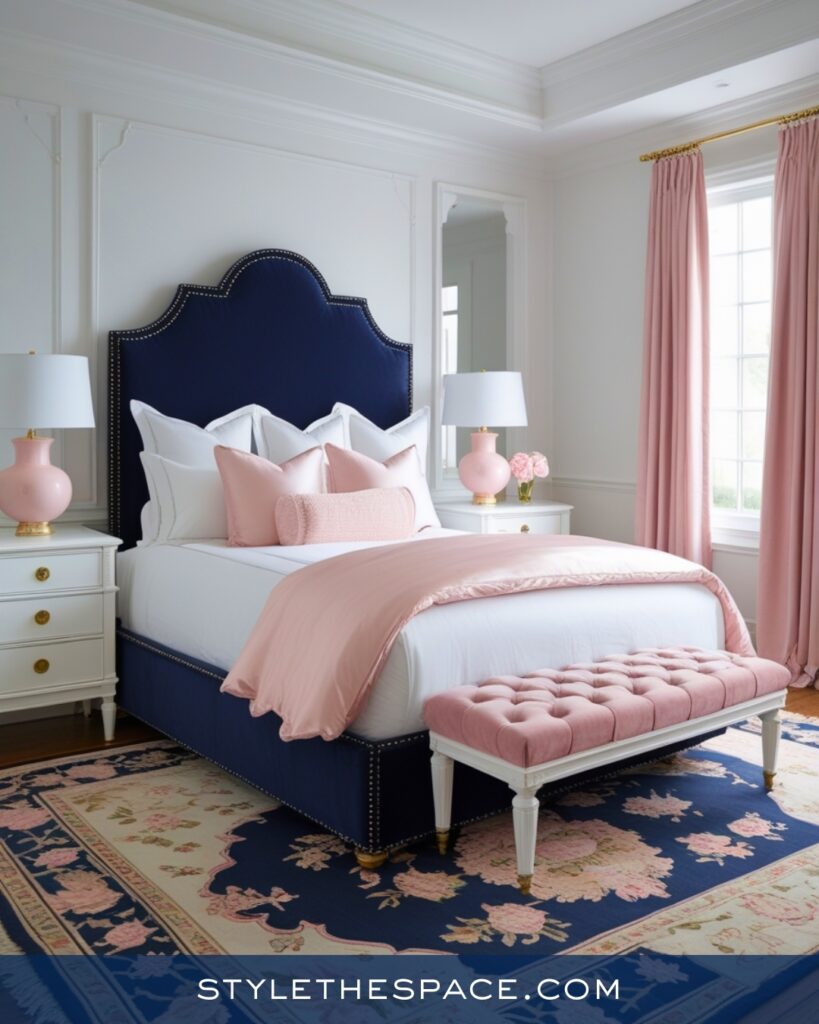 Navy Blue Bedroom with Soft Blush Accents