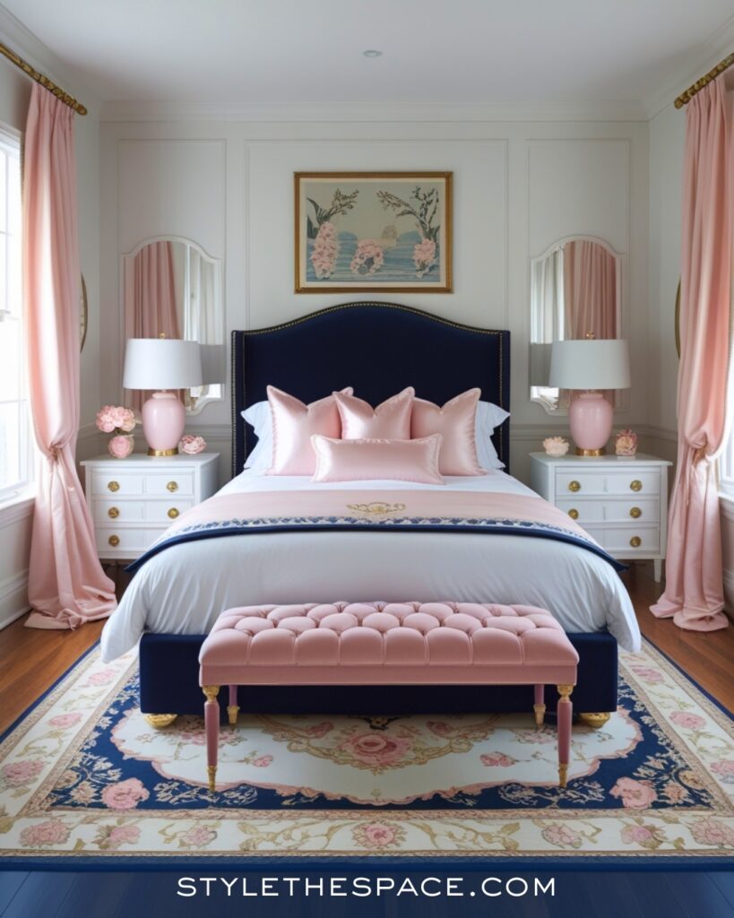 Navy Blue Bedroom with Soft Blush Accents