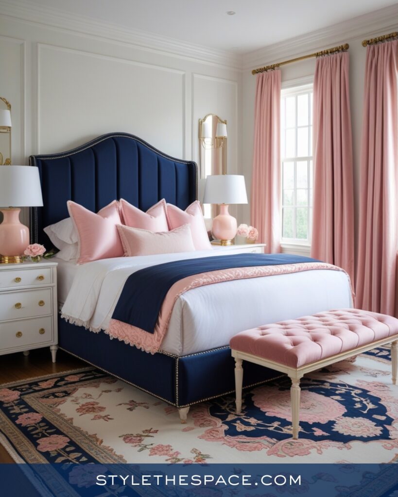 Navy Blue Bedroom with Soft Blush Accents