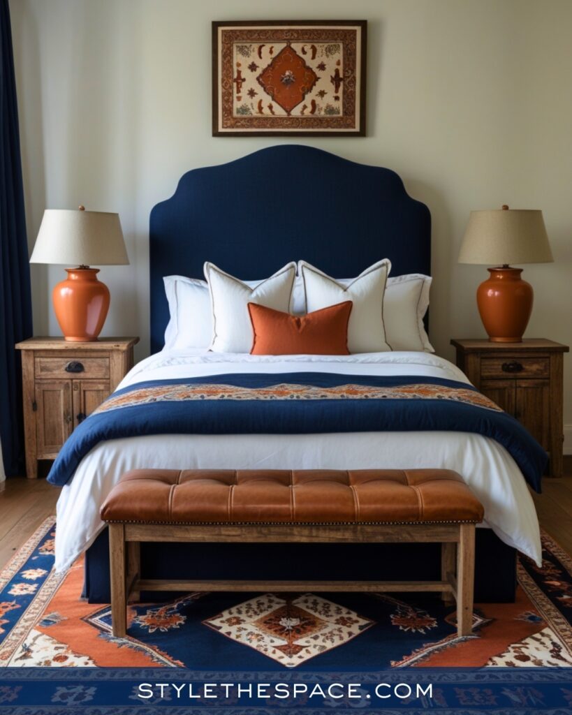 Navy Blue Bedroom with Warm Rust and Wood Accents